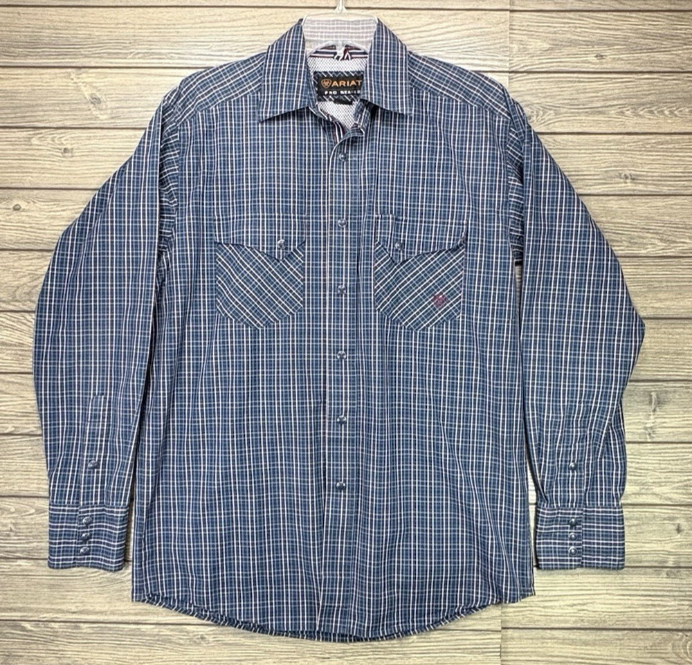 Men's Ariat Pro Series Blue/Red/White Plaid Long Sleeve Button Down Size Small